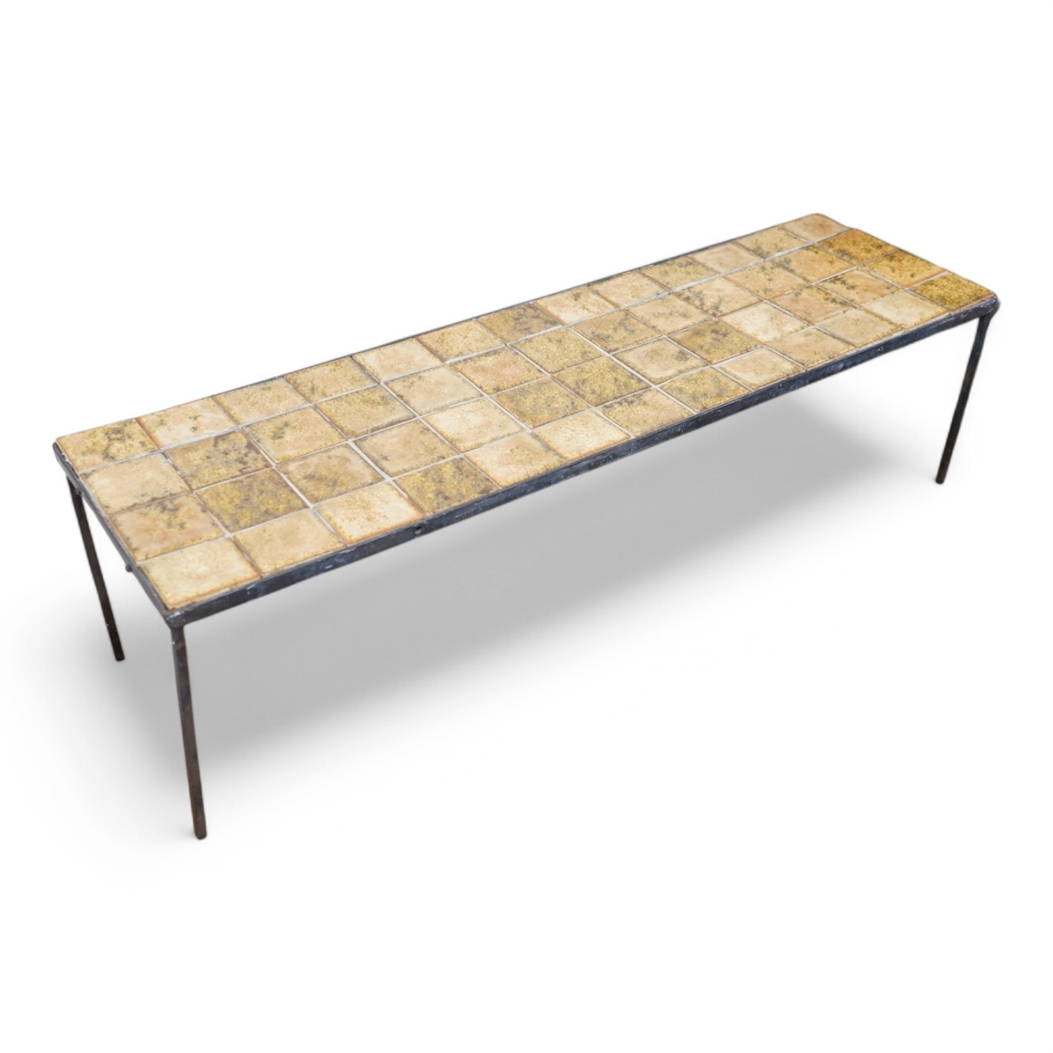 Manner of Roger Capron (French), an Iron and ceramic tile top table, 76cm wide. Condition - fair